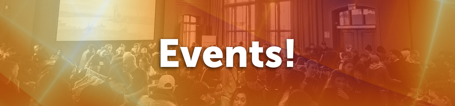 Momentum Events here image, text overlaying an image of a large group of people at an event.