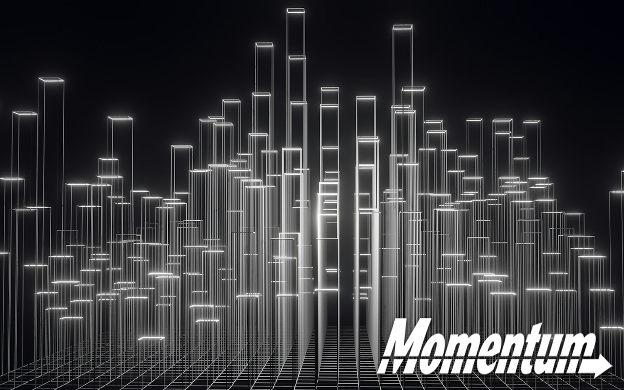 Stylized digital landscape of white skyscrapers across a black background.